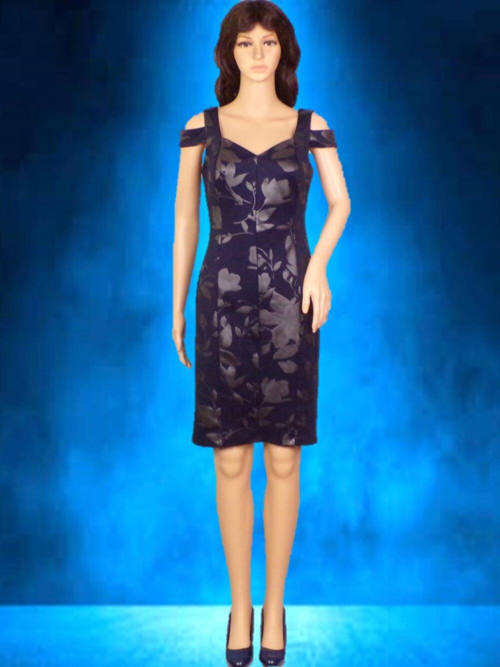 ENFOCUS STUDIO size 6 midnight-blue/silver-metallic cold-shoulder sheath dress